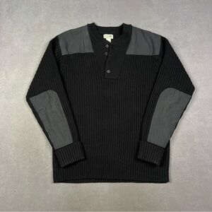 L.L. Bean Black Ribbed Henley Sweater with Gray Shoulder & Elbow Panels